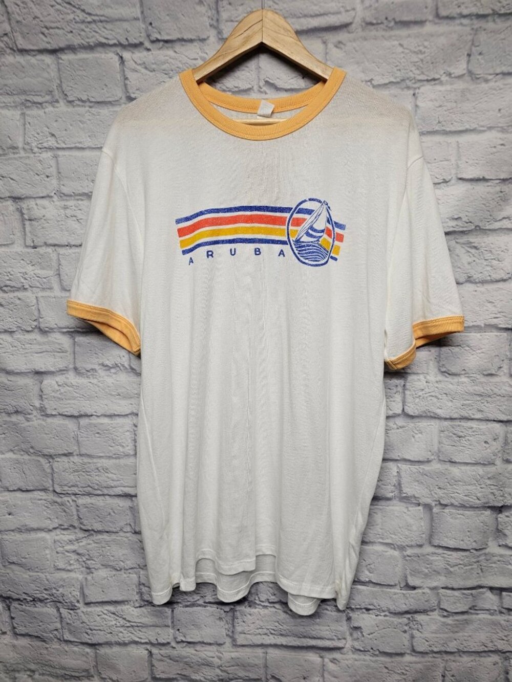 NWT Alternative XL Arube White Yellow Classic Fit S/S Ringer Sailboat Top Tee